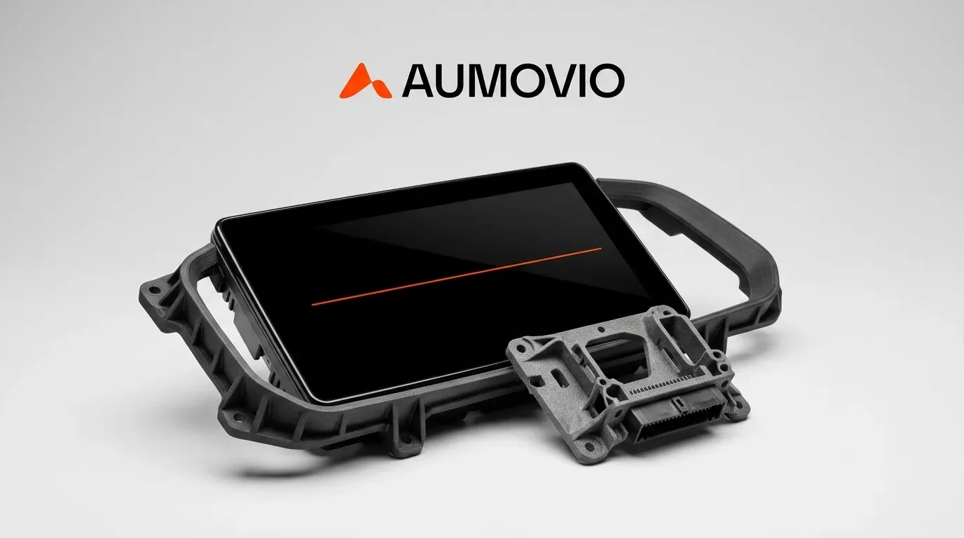 Aumovio automotive ekran sa 3D štampanim kućištem, nosačem i testnim modulom