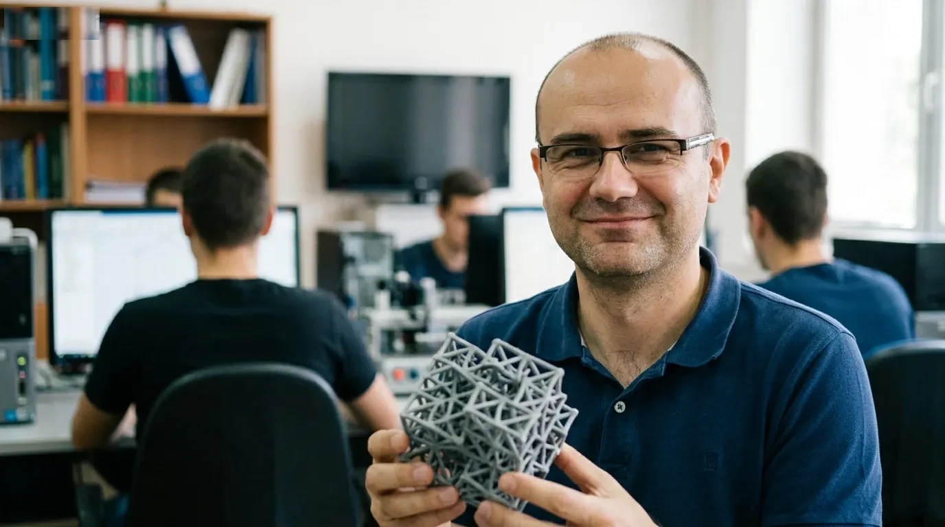 Profesor Movrin sa 3D štampanom rešetkastom strukturom u laboratoriji Fakulteta tehničkih nauka Novi Sad